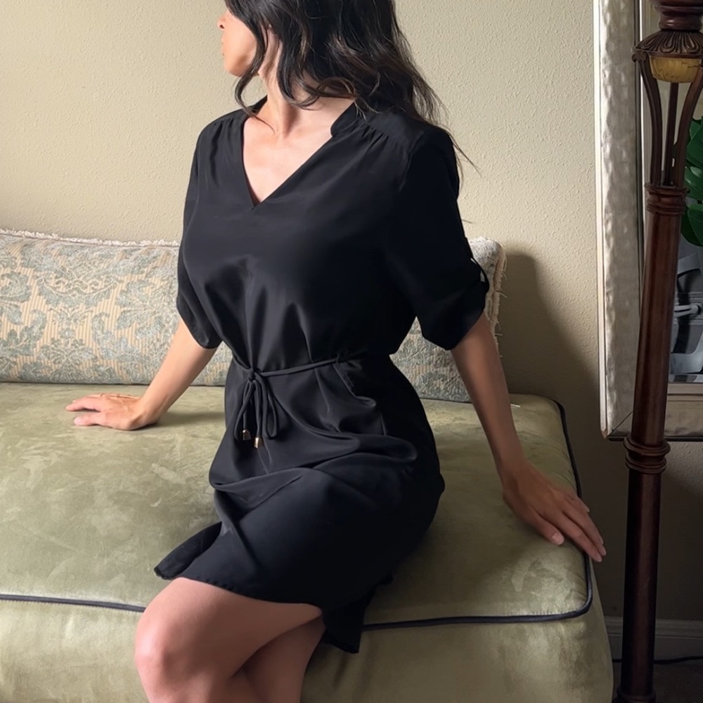 Amanda U 3/4 sleeve tie front black tunic dress XS